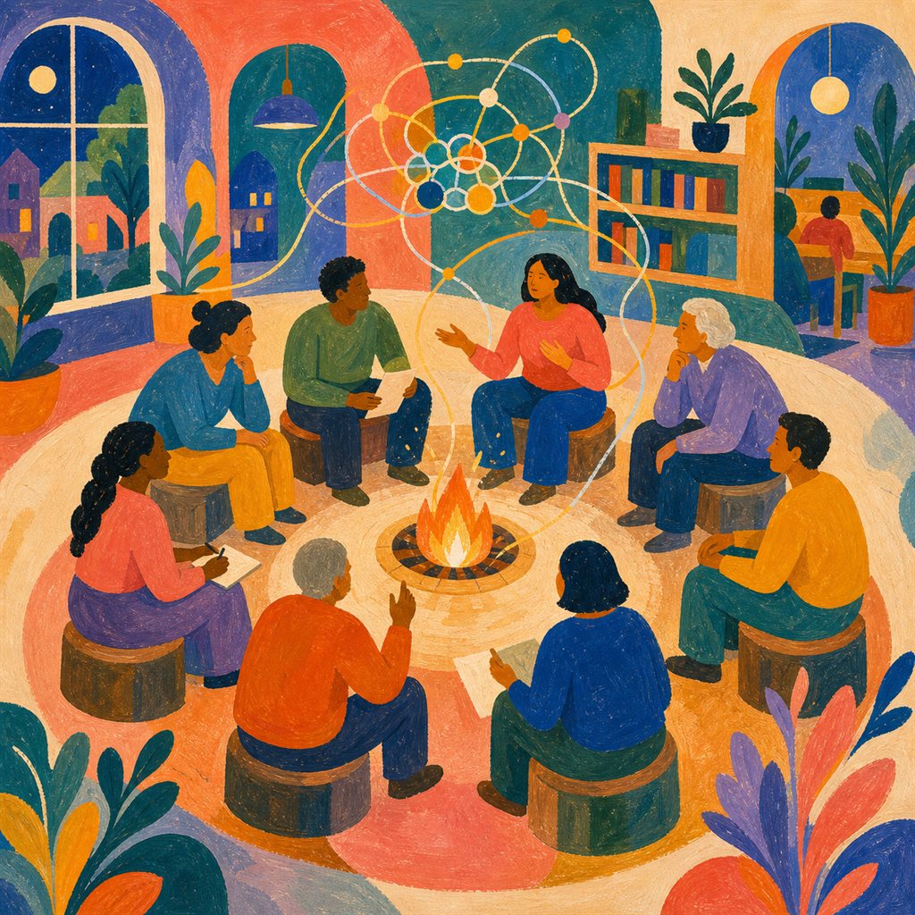 Painted circle of nine citizens deliberating around a small contained flame in a community room, threads of conversation weaving together above them