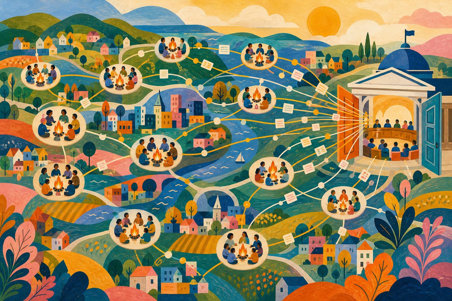 Painted map of many small fireside circles across towns and landscapes, connected by golden threads carrying notes toward an open public institution